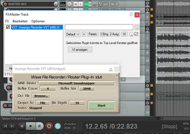 Mit dem kostenlosen VST-Plugin Voxengo Recorder kann man den Reaper Ausgang in OBS aufnehmen